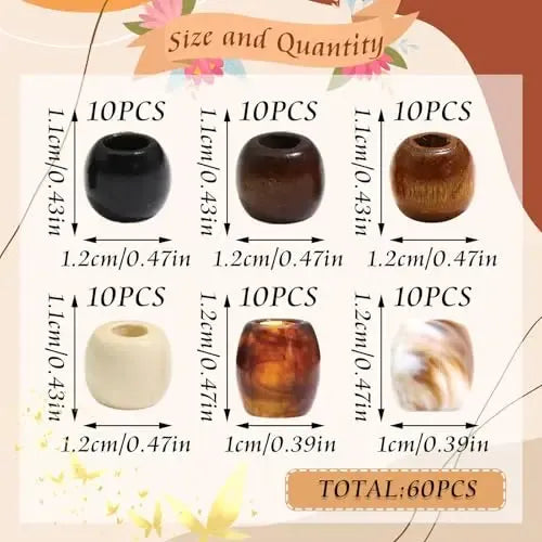 60 Cuentas de Madera para Trenzas de Cabello Multiestilo | Grado B