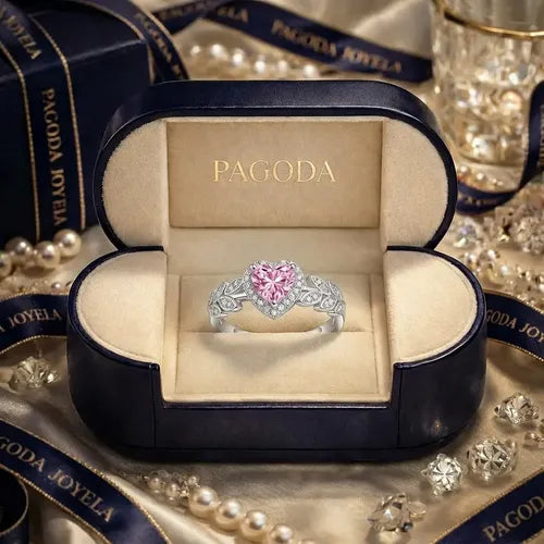 Anillo con Corazón de Gema Rosa Ajustable Color Plateado | Grado B