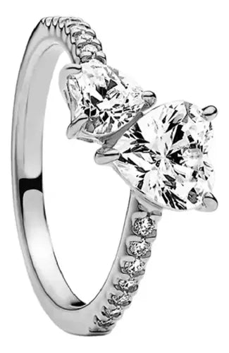 Anillo Doble Corazón Brillante con Caja de Regalo Color Plateado | Grado B