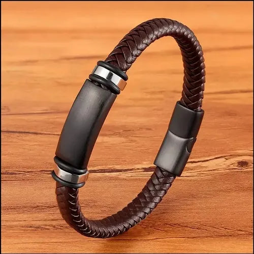 Pulsera de Cuero Genuino Tejido con Centro de Acero Inoxidable para Caballero | Grado B