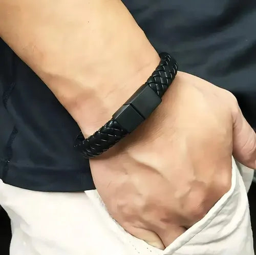PULSERA CUERO TRENZADO ESTILO CORDÓN AJUSTABLE PARA HOMBRE 6 CM