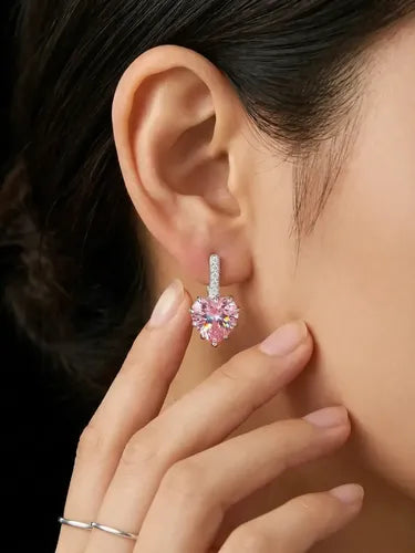 ARETES DE PLATA 925 MUJER CORAZÓN ROSA ELEGANTES COLGANTES GRADO B