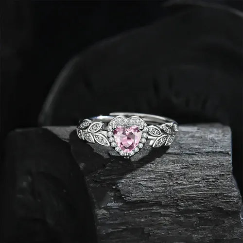 Anillos Color Plateado con Corazón de Gema Rosa Ajustables Regalo | Grado B