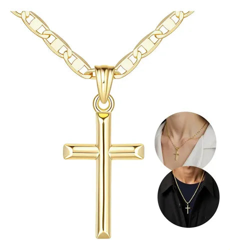 Collar con Cruz en Acero Inoxidable Dorado 50+5CM Cadena Ajustable Unisex | Grado B
