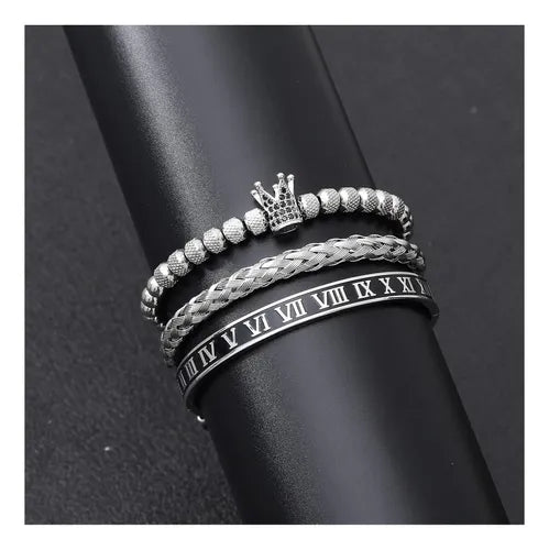 Brazalete de 3 Pulseras con Corona en Acero Inoxidable 19 cm | Grado B