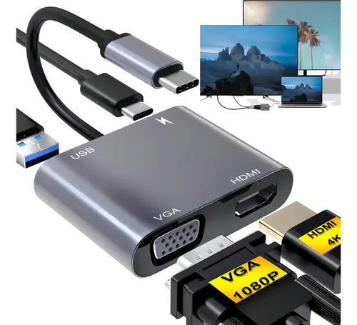 Adaptador 4 en 1 USB C a HDMI y VGA 4K con Carga PD de 100W para MacBook | Grado B