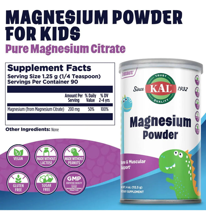 Citrato de Magnesio KAL en Polvo para Niños, Sin Sabor, 112.5 g GRADO B