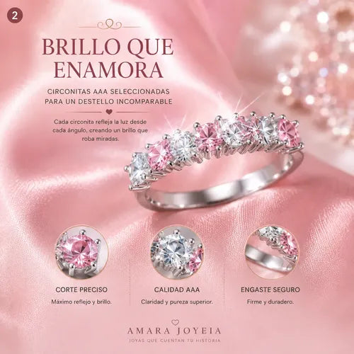 Anillo Rosa con Cristal Elegancia y Romance Color Plateado | Grado B