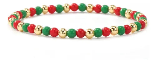 Pulsera Perlas Cuentas Oro Stacking Mujer Ideal para Regalo Rojo y Verde y Dorado 17.5 CM Rojo y Verde y Dorado | Grado B