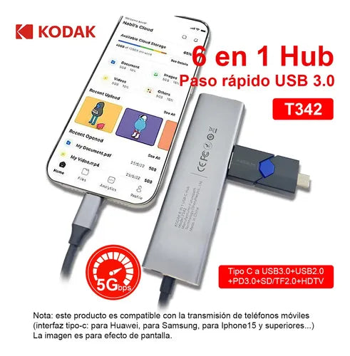 KODAK HUB USB C 6 EN 1 USB 3.0+2.0+PD100W+HDMI+LECTOR SD/TF