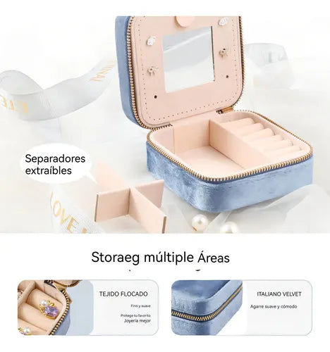 Joyero Organizador de Terciopelo Azul con Espejo para Anillos y Aretes | Grado B