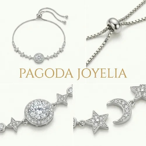 Pulsera de Corazón y Estrella con Piedra Moissanita Color Plateado | Grado B