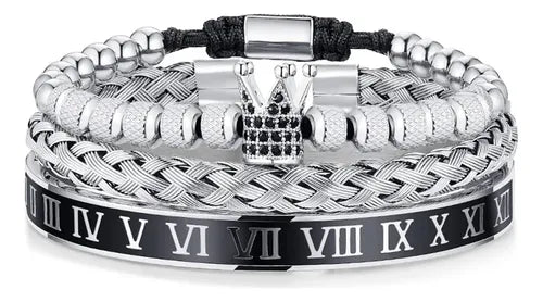 Brazalete de 3 Pulseras con Corona en Acero Inoxidable 19 cm | Grado B