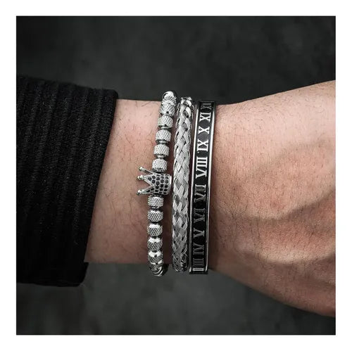Brazalete de 3 Pulseras con Corona en Acero Inoxidable 19 cm | Grado B