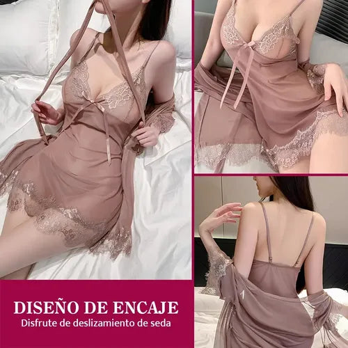 Conjunto de Lencería de Encaje Tipo Camisón para Mujer | Grado B