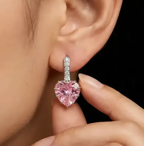 ARETES DE PLATA 925 MUJER CORAZÓN ROSA ELEGANTES COLGANTES GRADO B