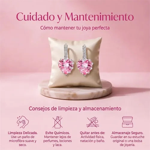 Aretes Color Plateado Corazón Rosa Colgantes Elegantes para Mujer | Grado B