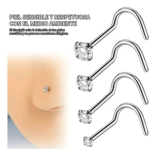 7 Piercings de Nariz de Titanio con Zirconia Color Plateado | Grado B