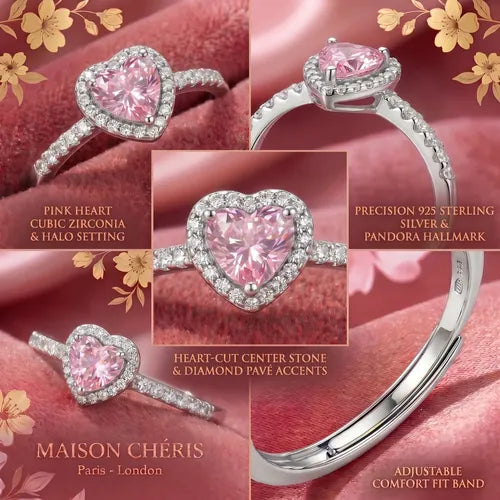 Anillos Color Plateado con Corazón de Gema Rosa Ajustables Regalo | Grado B