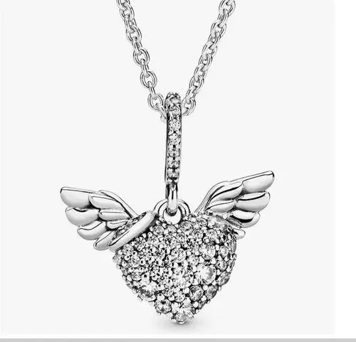 Collar Pavé Corazón y Alas de Ángel Color Plateado
