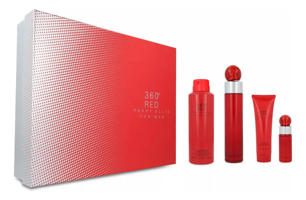 PERRY ELLIS 360 RED 3.4OZ EDT SPRAY, 6OZ BODY SPRAY, 3OZ SHOWER GEL, 7.5ML EDT SPRAY MEN 4 PC GIFT SET GRADO B