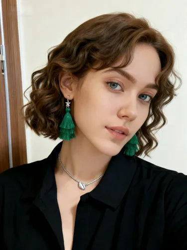 Aretes Largos con Borlas de Árbol de Navidad | Grado B