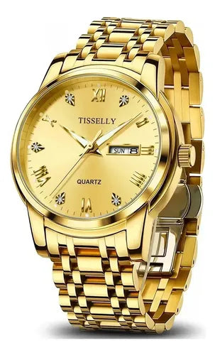 RELOJ IMPERMEABLE PARA HOMBRE, DISEÑO EMPRESARIAL CLÁSICO, CON CORREA DORADO BISEL DORADO FONDO DORADO
