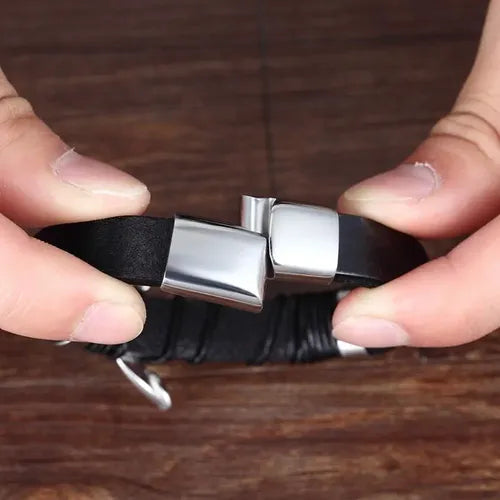 Pulsera de Cuero Genuino Tejido con Centro de Acero Inoxidable para Caballero | Grado B