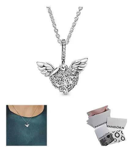 Collar Pavé Corazón y Alas de Ángel Color Plateado