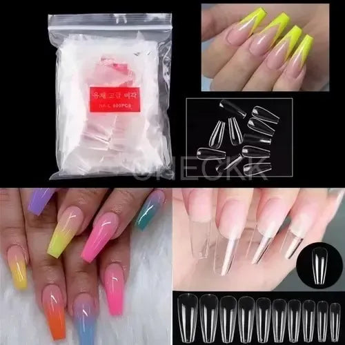 500 Tips de Uñas Postizas Punta Coffin Color Rojo Transparente | Grado B