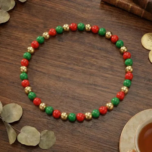 Pulsera Perlas Cuentas Oro Stacking Mujer Ideal para Regalo Rojo y Verde y Dorado 17.5 CM Rojo y Verde y Dorado | Grado B