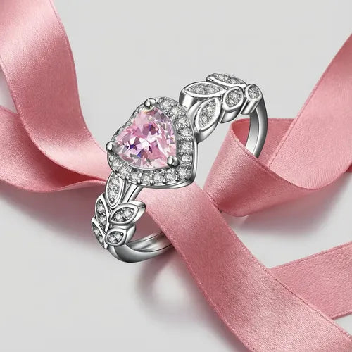 Anillo Corazón con Gema Rosa Ajustable Color Plateado