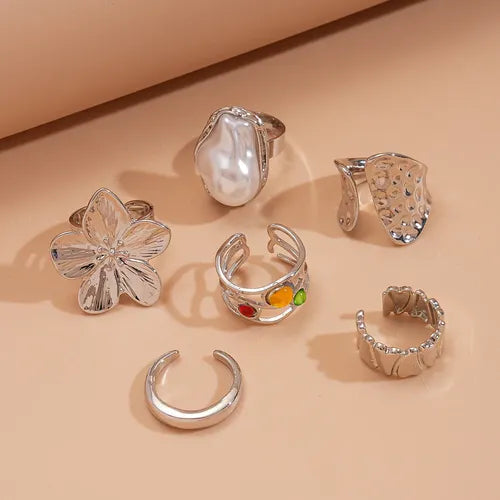 Anillo Ajustable Boho con Flores de Alpaca 6 Piezas Color Dorado | Grado B
