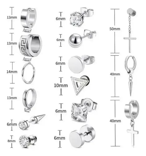 15 Pares de Aretes Arracadas para Hombre en Acero Inoxidable Color Plateado | Grado B
