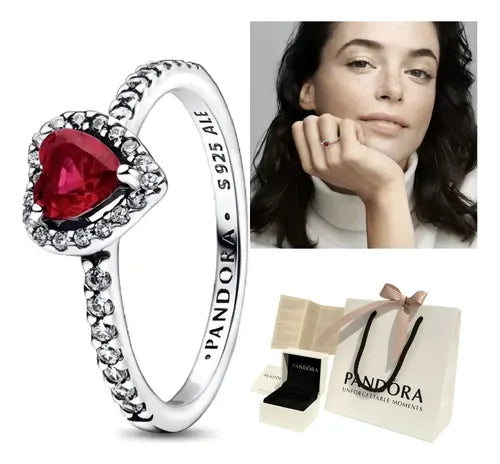 Anillo Sello con Corazón Elevado Rojo Color Plateado | Grado B