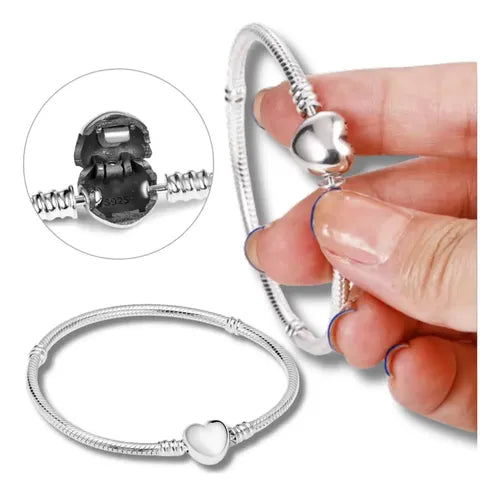 3 Pulseras de Cadena Serpiente con Cierre de Corazón para Charms Color Plateado | Grado B