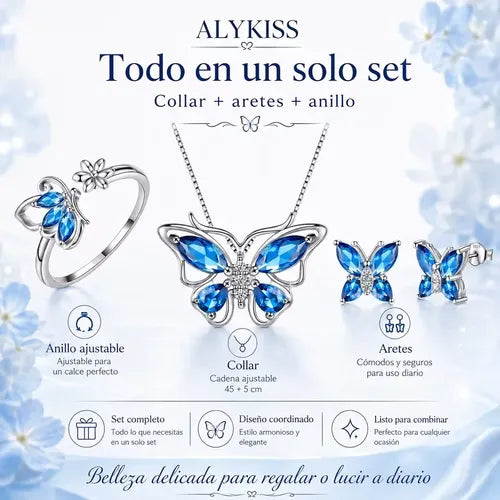 Mariposa Conjunto Joyas para Mujer Collar+aretes + Anillo | Grado B