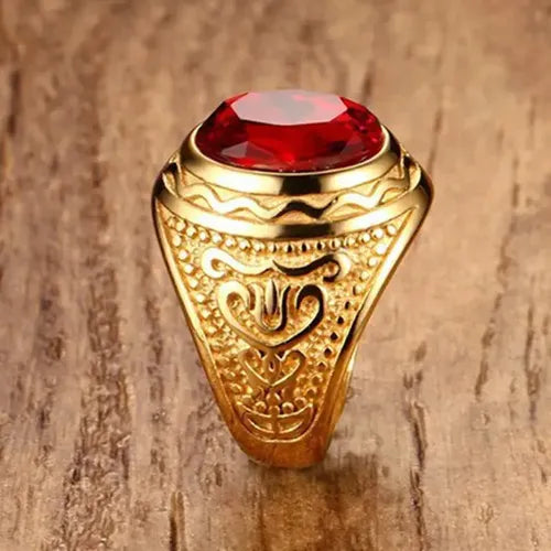 Anillo de Acero Inoxidable Dorado con Piedra Roja Diseño Octagonal | Grado B