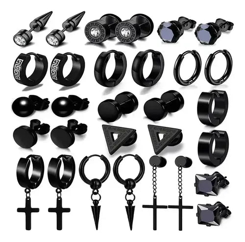 15 Pares de Aretes Arracadas para Hombre en Acero Inoxidable Color Plateado | Grado B