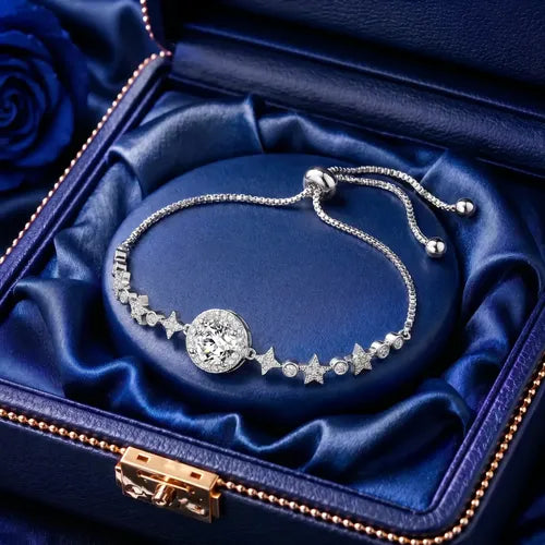 Pulsera de Corazón y Estrella con Piedra Moissanita Color Plateado | Grado B