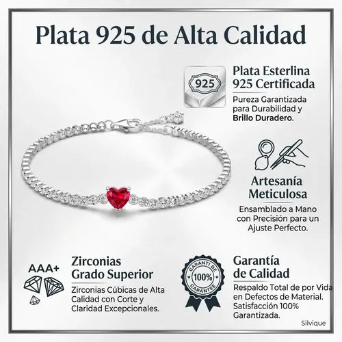 Pulsera con Corazón de Cristal Rojo Color Plateado 22 cm | Grado B