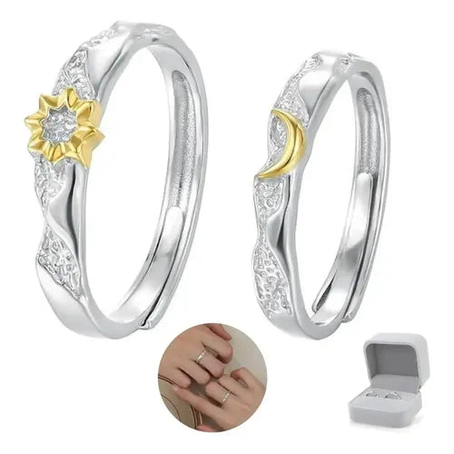 2 Piezas de Anillos Celestiales Apilables de Sol y Luna Color Plateado | Grado B