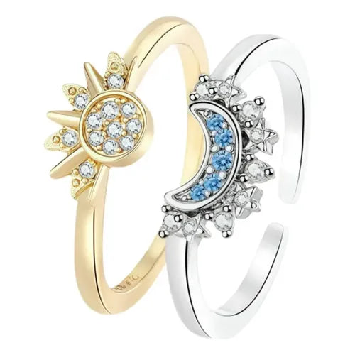 2 Piezas de Anillos Celestiales Apilables de Sol y Luna Color Plateado | Grado B