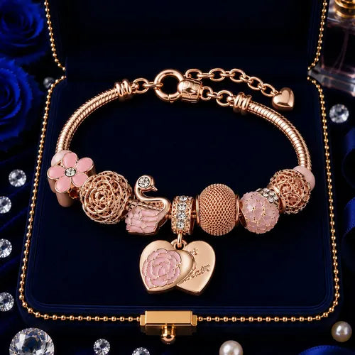 Pulsera Corazón Rosa Color Dorado Rosa