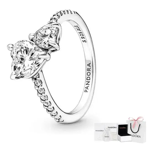 Anillo Doble Corazón Brillante con Caja de Regalo Color Plateado | Grado B