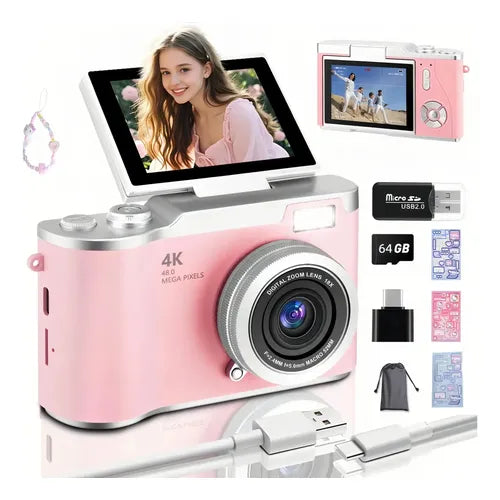 Cámara Digital WiFi Full HD 4K con Pantalla LCD 64GB Rosa Claro | Grado B