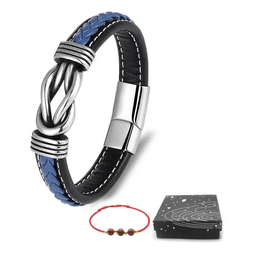 Pulsera de Cuero Genuino Tejido con Centro de Acero Inoxidable para Caballero | Grado B