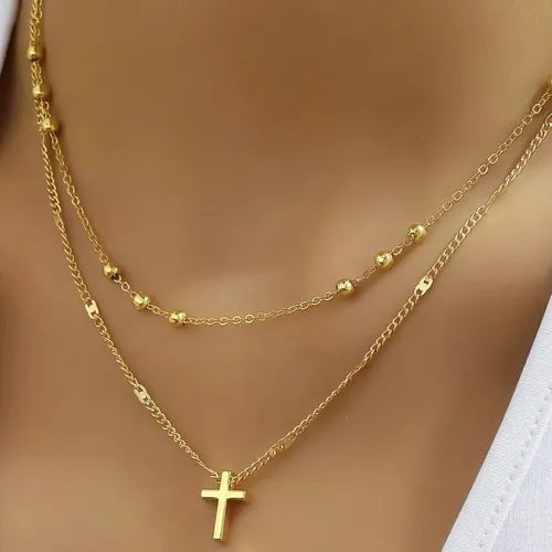 Collar con Cruz en Acero Inoxidable Dorado 50+5CM Cadena Ajustable Unisex | Grado B