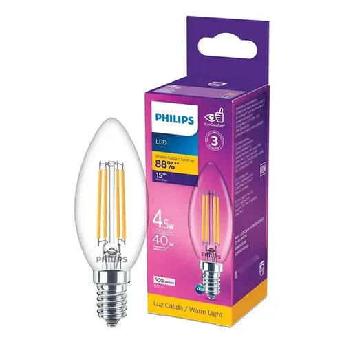 Philips LED Vela Luz Cálida 4.5W = 40W Base E14 3PACK | Grado B