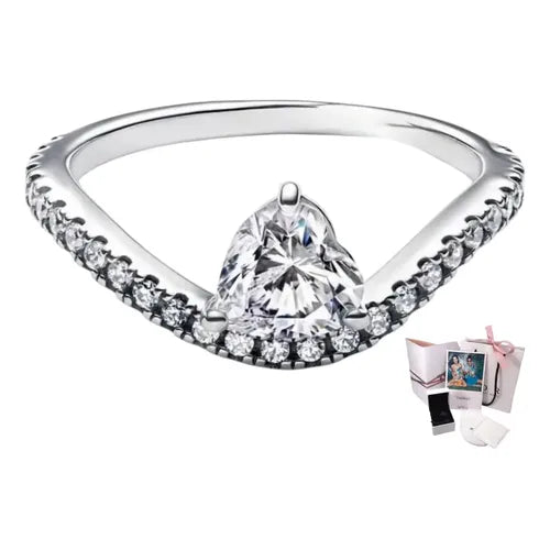 Anillo Doble Corazón Brillante con Caja de Regalo Color Plateado | Grado B